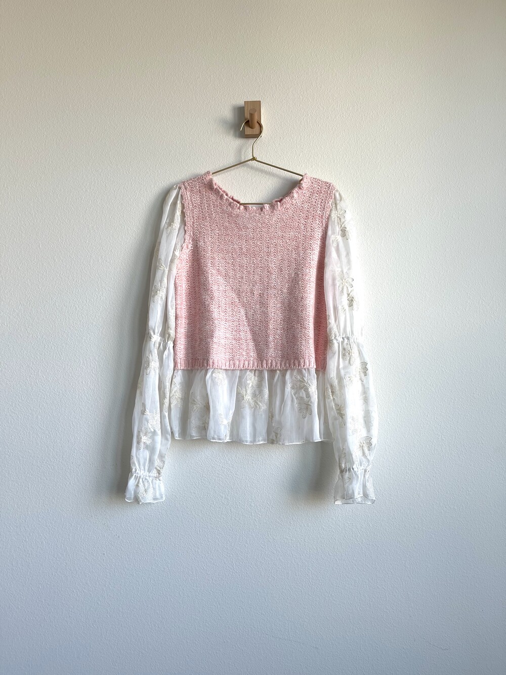 Anthropologie Coquette Balletcore Pink Peplum Sheer Embroidered Sleeves Sweater
